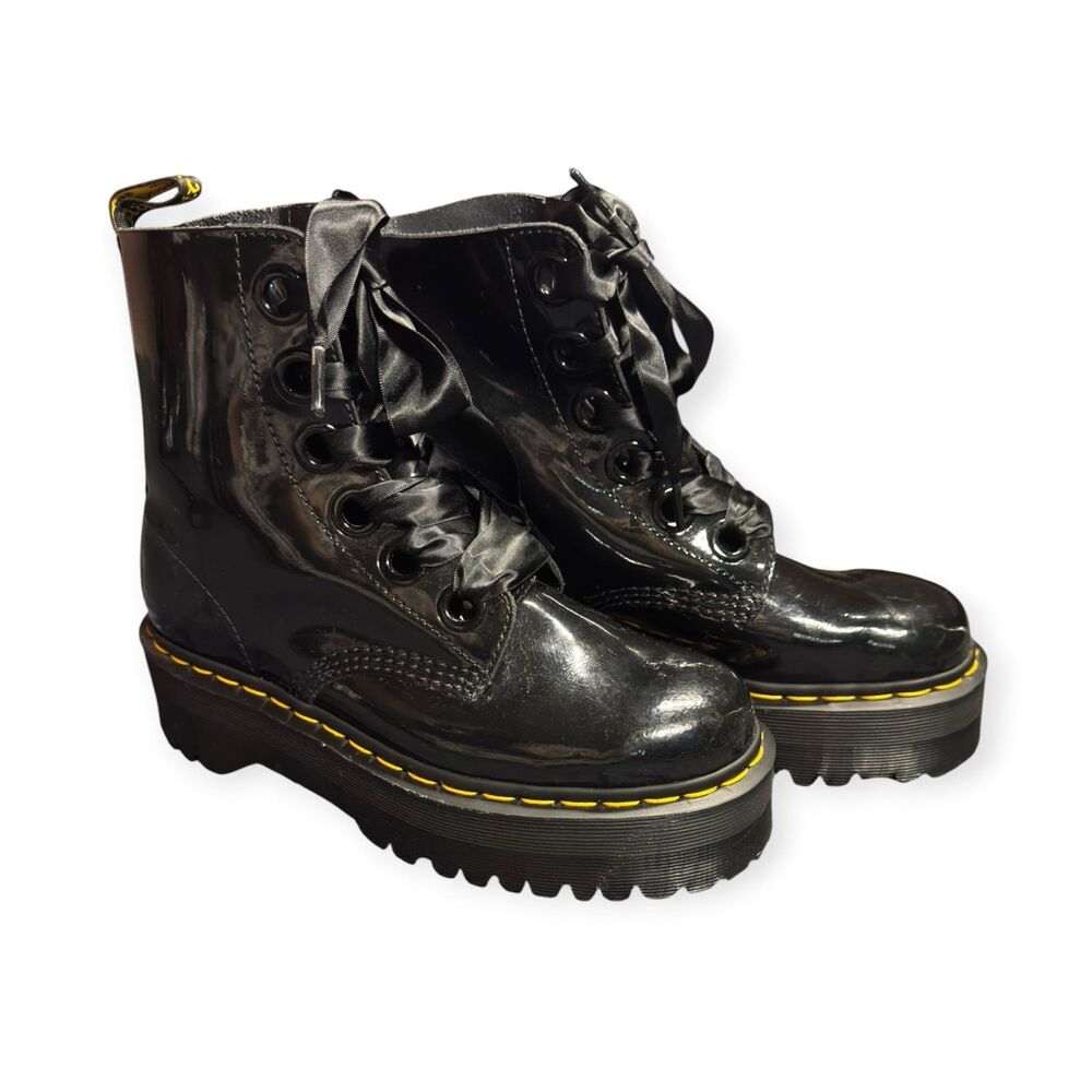 Doc Martens Molly Platform Boots Womens Size 8 Black Patent Leather Chunky Lace